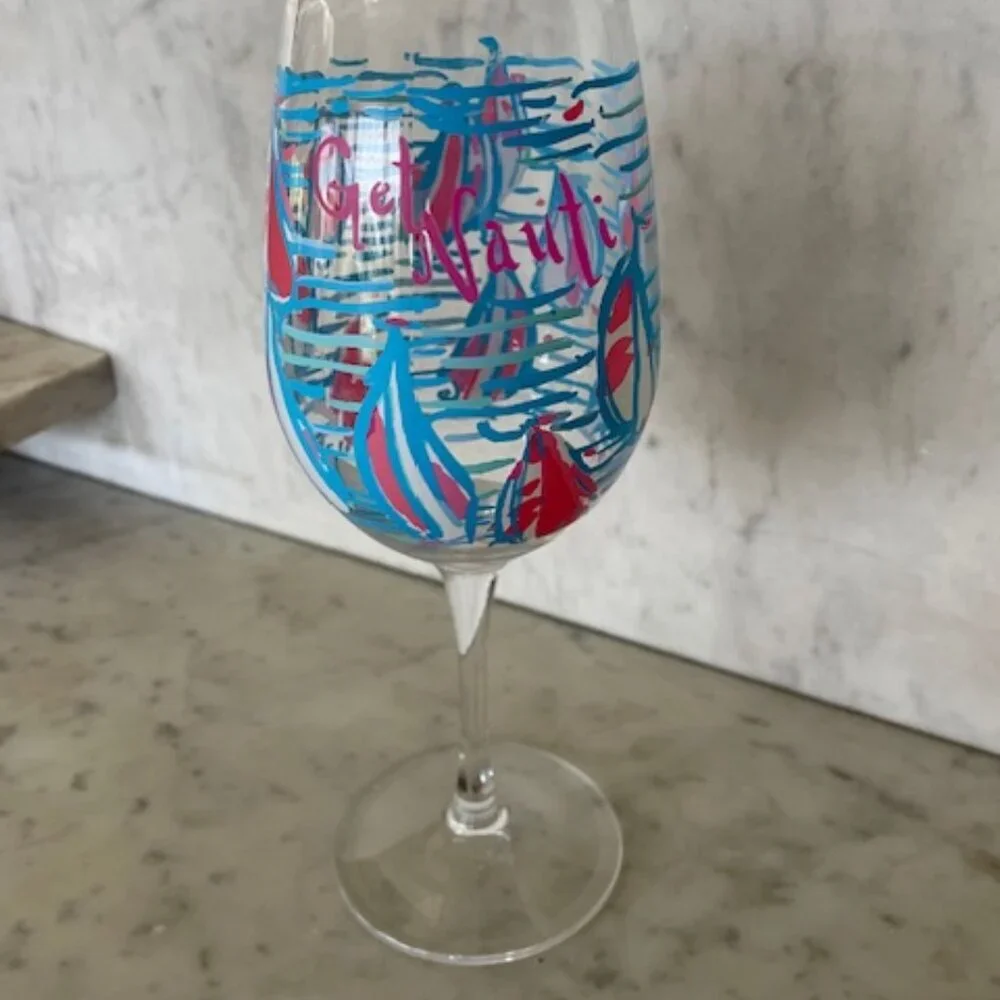 LILLY PULITZER Get Nauti Acrylic Wine Glass Goblet Blue White Pink Sailboat